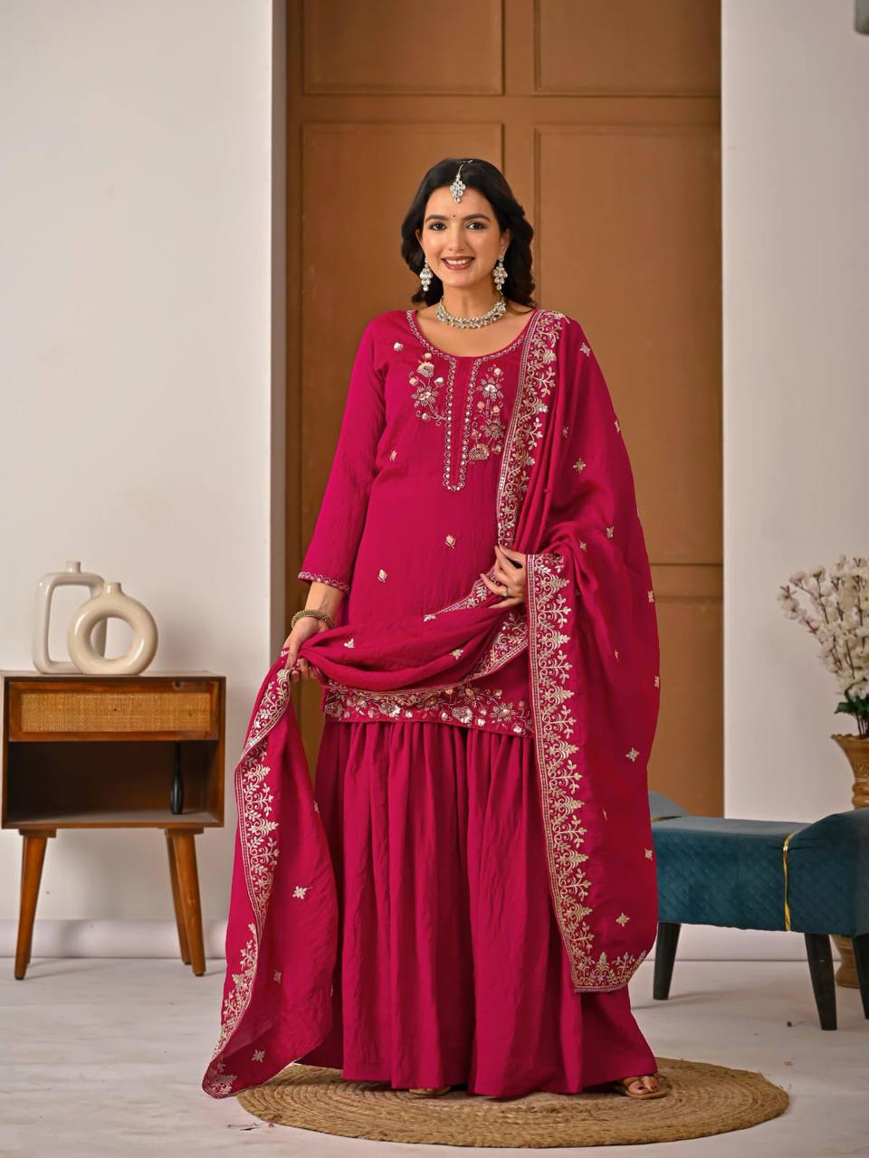 Wedding Wear Pink Color Elegant Bits Work Sharara Suit