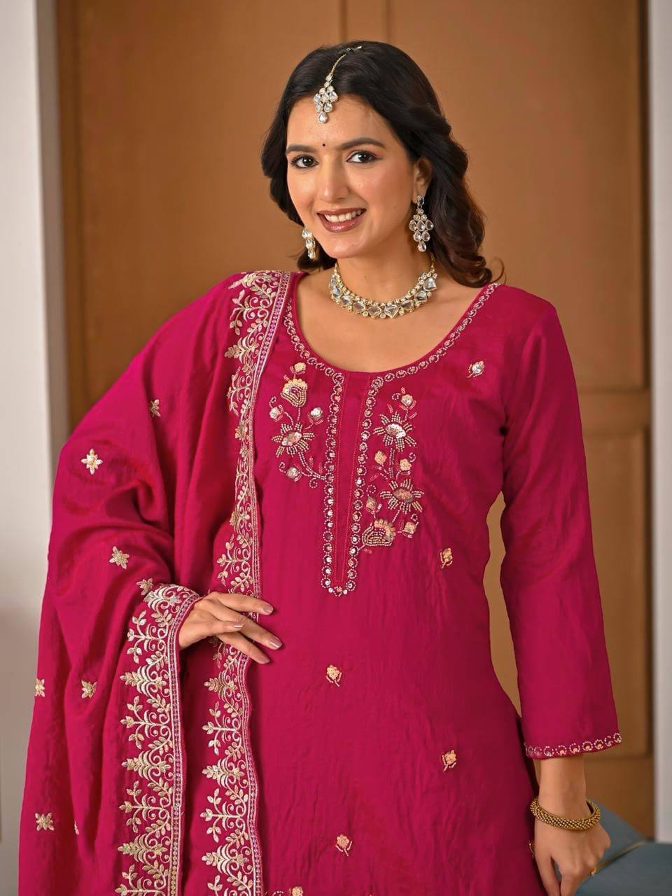 Wedding Wear Pink Color Elegant Bits Work Sharara Suit