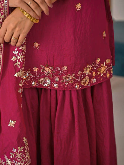 Wedding Wear Pink Color Elegant Bits Work Sharara Suit