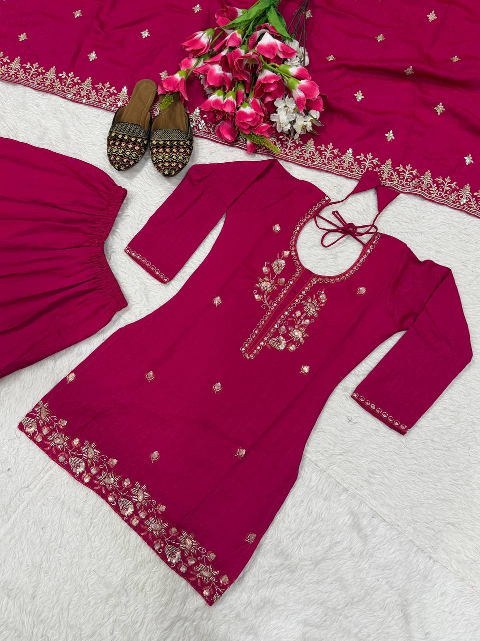 Wedding Wear Pink Color Elegant Bits Work Sharara Suit