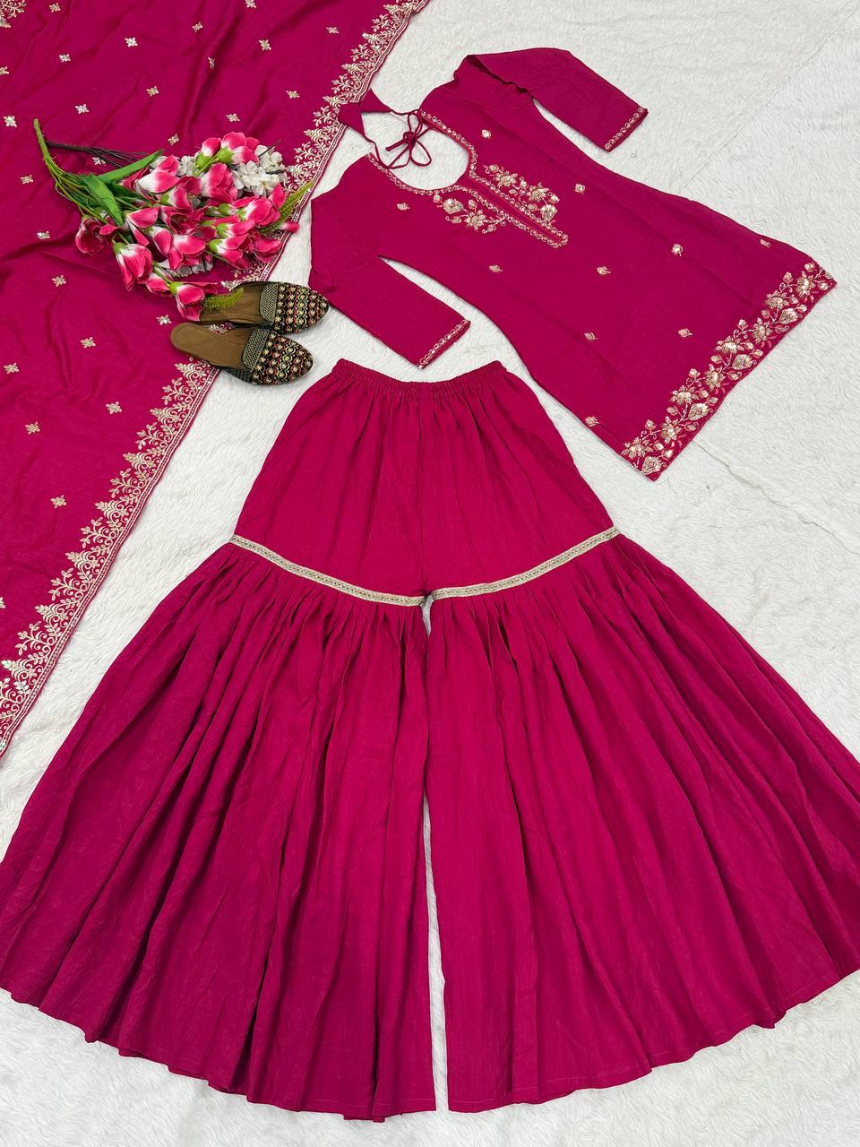 Wedding Wear Pink Color Elegant Bits Work Sharara Suit