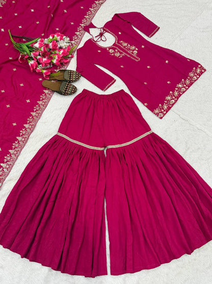 Wedding Wear Pink Color Elegant Bits Work Sharara Suit