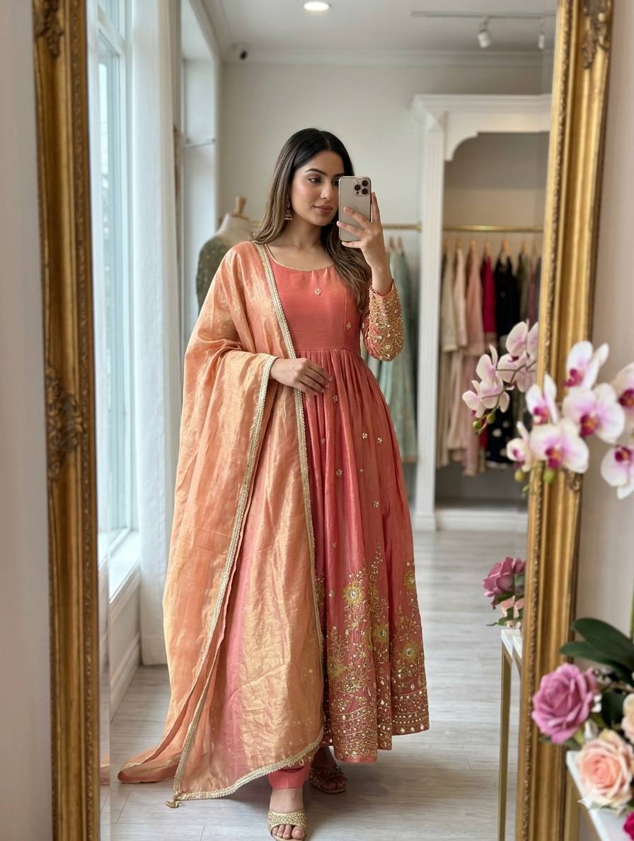 Gorgeous Peach Color Sequence Embroidered Anarkali Gown
