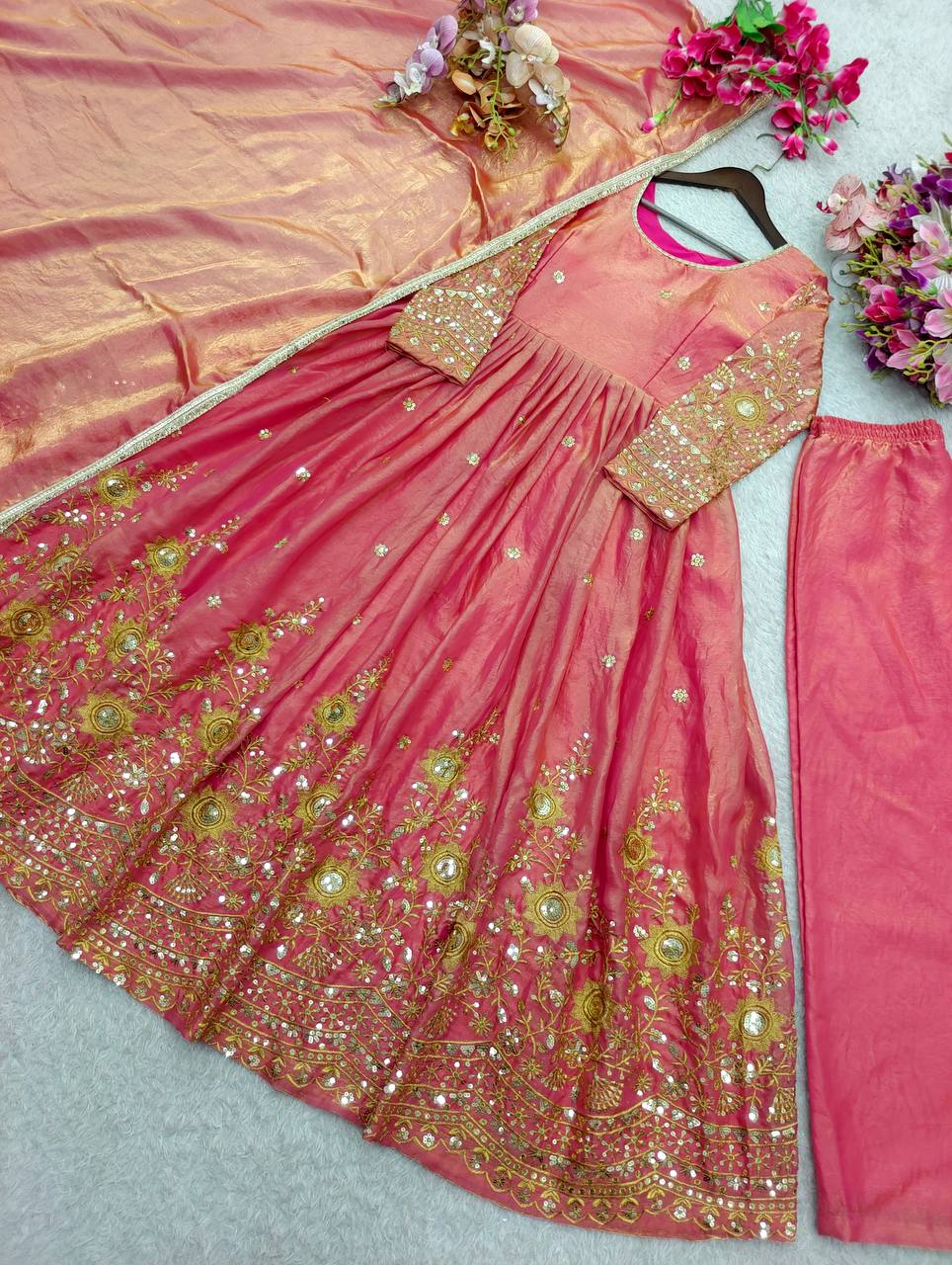 Gorgeous Peach Color Sequence Embroidered Anarkali Gown