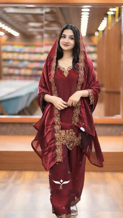 Elegant Maroon Color Pure Jimmy Choo Silk With Heavy Embroidery Sequence Work Palazzo Suit