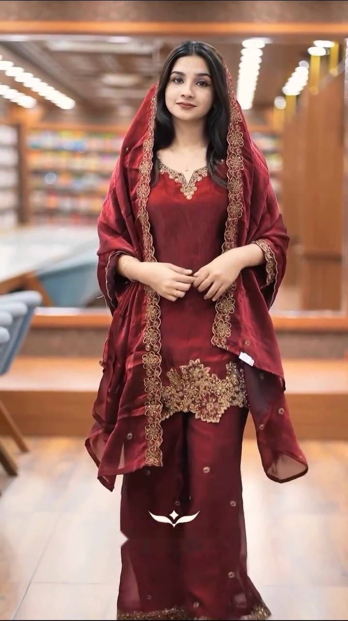 Elegant Maroon Color Pure Jimmy Choo Silk With Heavy Embroidery Sequence Work Palazzo Suit