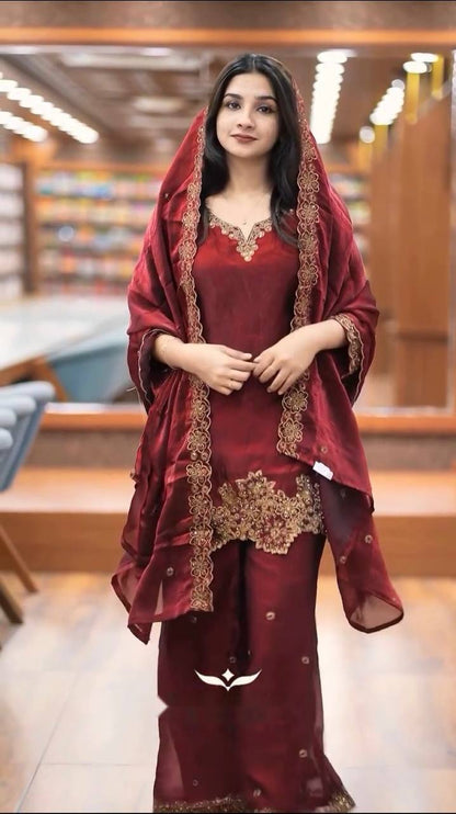 Elegant Maroon Color Pure Jimmy Choo Silk With Heavy Embroidery Sequence Work Palazzo Suit