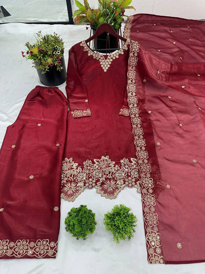 Elegant Maroon Color Pure Jimmy Choo Silk With Heavy Embroidery Sequence Work Palazzo Suit