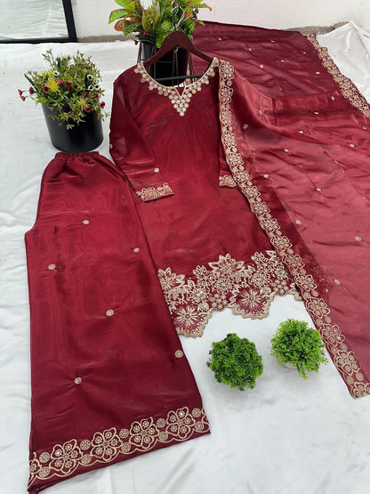 Elegant Maroon Color Pure Jimmy Choo Silk With Heavy Embroidery Sequence Work Palazzo Suit