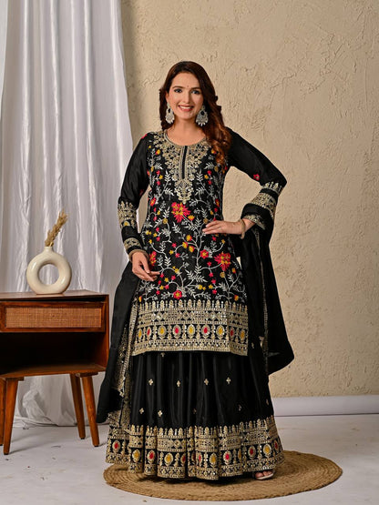 Wedding Wear Black Color Embroidered Designer Sharara Suit