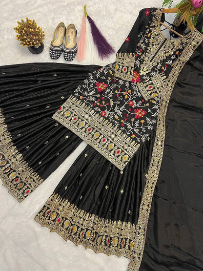 Wedding Wear Black Color Embroidered Designer Sharara Suit