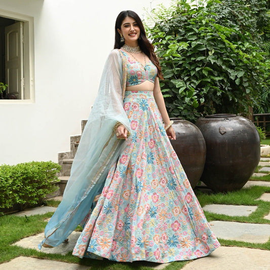 Lovely Sky Blue Color Digital Print With Hook Beads Work Lehenga Choli