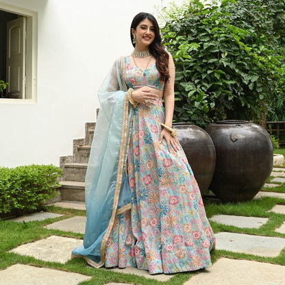 Lovely Sky Blue Color Digital Print With Hook Beads Work Lehenga Choli