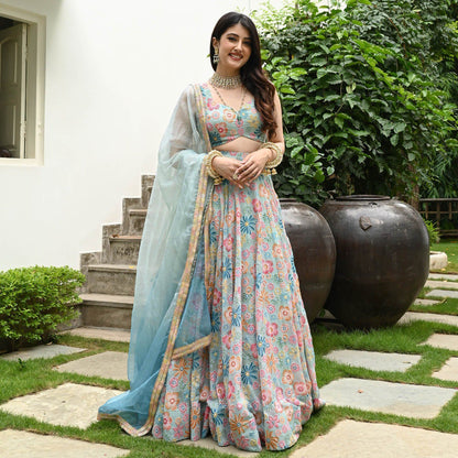 Lovely Sky Blue Color Digital Print With Hook Beads Work Lehenga Choli