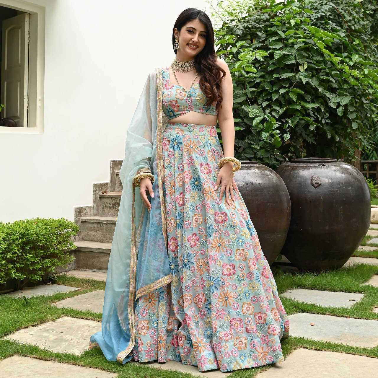 Lovely Sky Blue Color Digital Print With Hook Beads Work Lehenga Choli