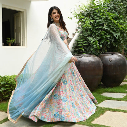 Lovely Sky Blue Color Digital Print With Hook Beads Work Lehenga Choli