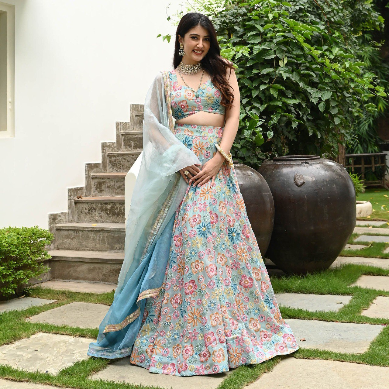 Lovely Sky Blue Color Digital Print With Hook Beads Work Lehenga Choli