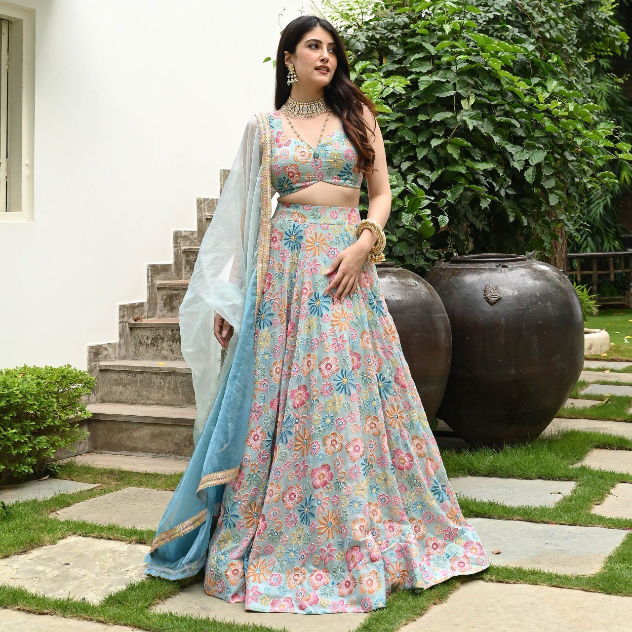 Lovely Sky Blue Color Digital Print With Hook Beads Work Lehenga Choli