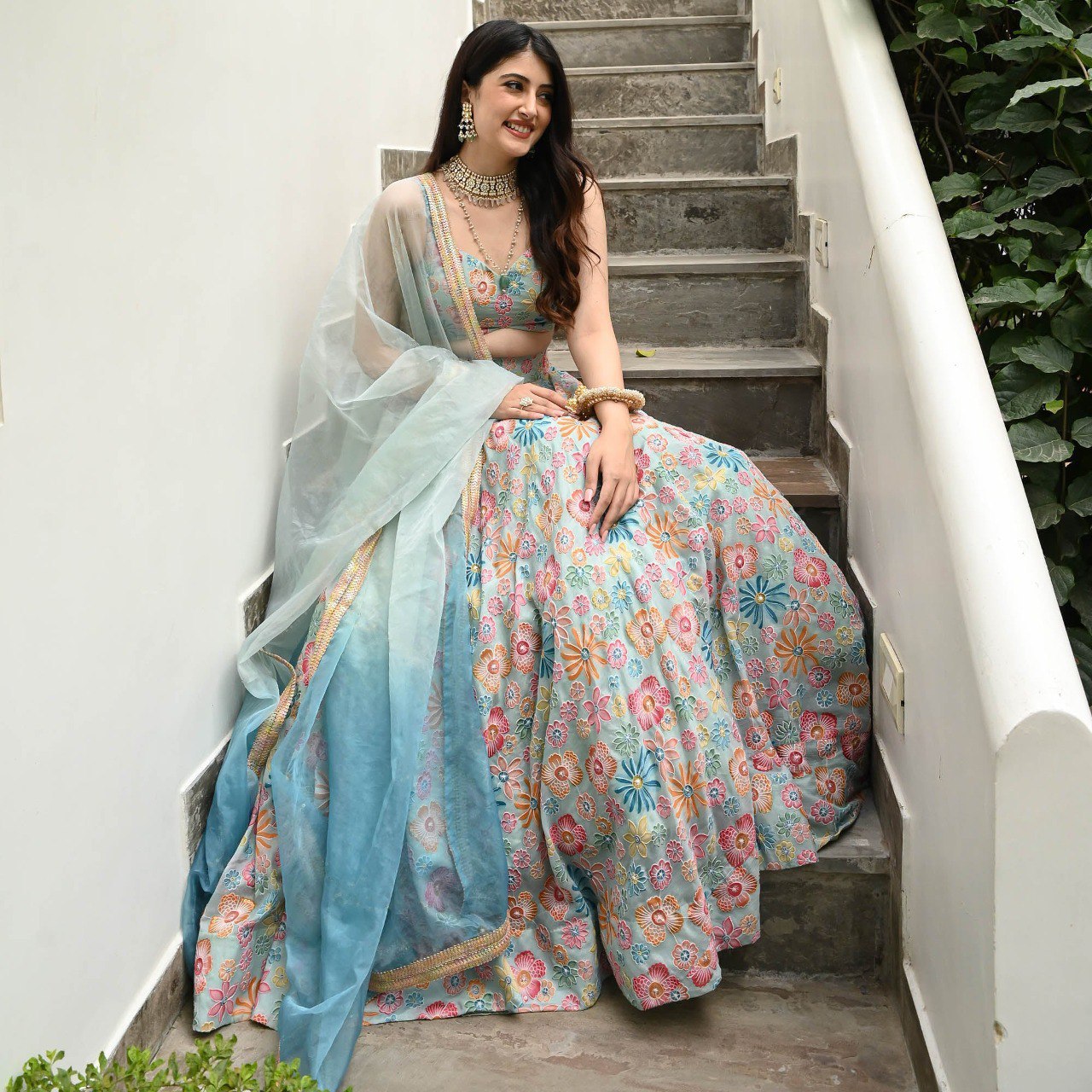 Lovely Sky Blue Color Digital Print With Hook Beads Work Lehenga Choli