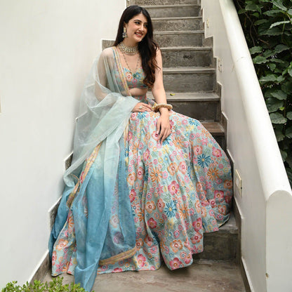 Lovely Sky Blue Color Digital Print With Hook Beads Work Lehenga Choli