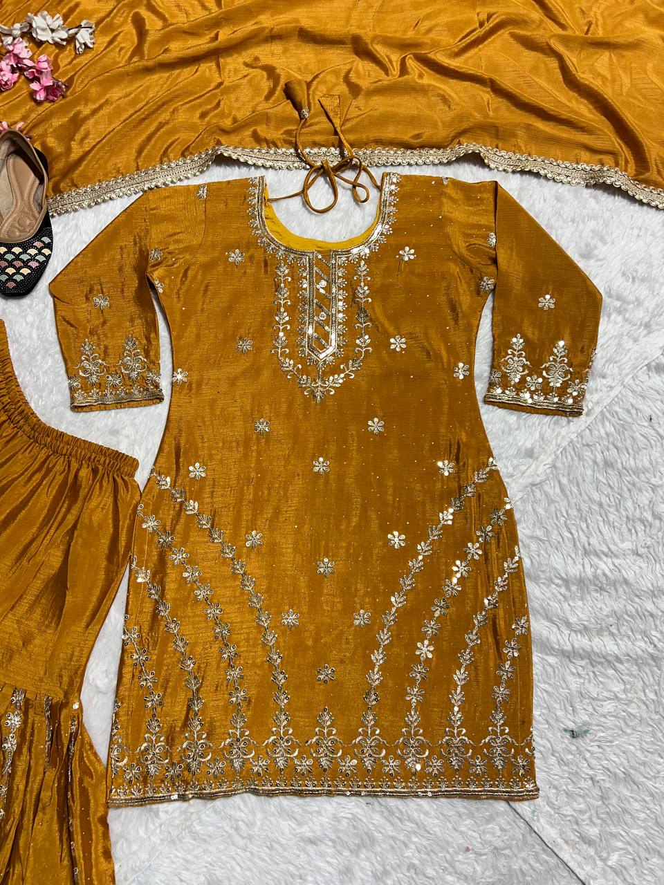 Stunning Golden Color Pure Heavy Chinon Silk With Embroidery Work Sharara Suit