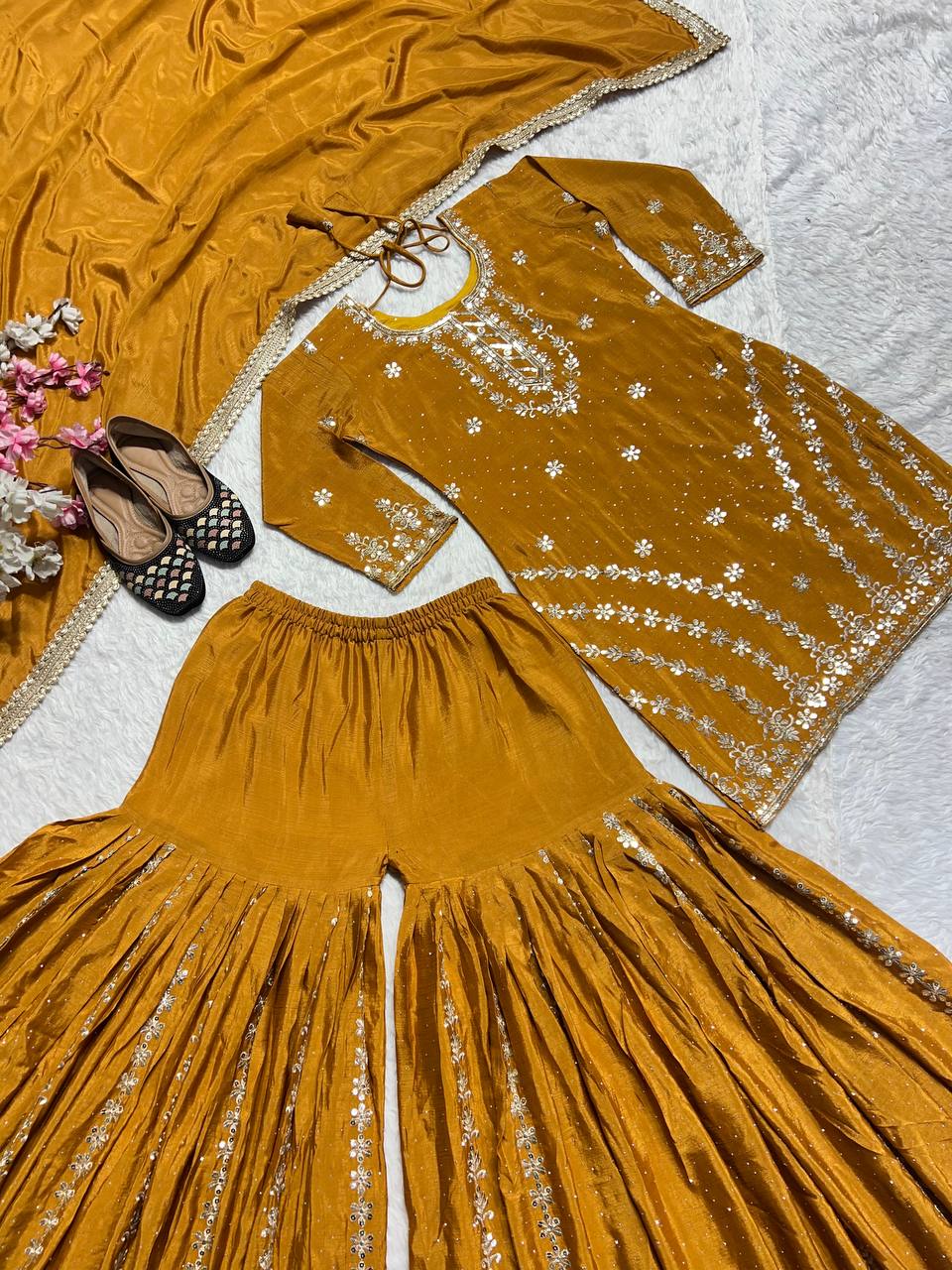 Stunning Golden Color Pure Heavy Chinon Silk With Embroidery Work Sharara Suit