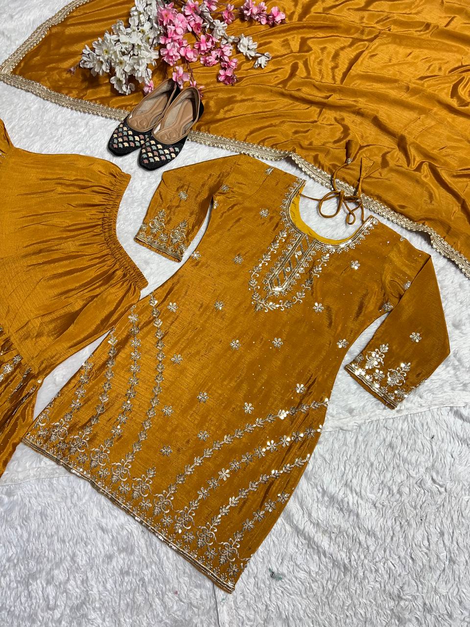 Stunning Golden Color Pure Heavy Chinon Silk With Embroidery Work Sharara Suit