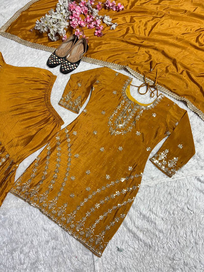 Stunning Golden Color Pure Heavy Chinon Silk With Embroidery Work Sharara Suit