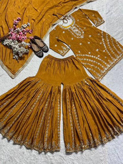 Stunning Golden Color Pure Heavy Chinon Silk With Embroidery Work Sharara Suit