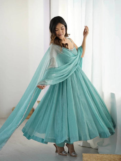 Beautiful Siroski Work Sky Green Color Arti Chauhan's Anarkali Gown