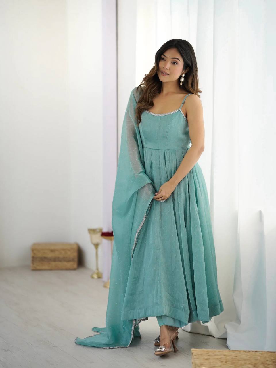 Beautiful Siroski Work Sky Green Color Arti Chauhan's Anarkali Gown