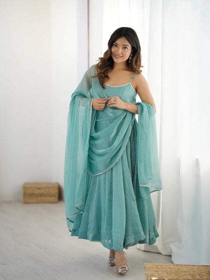 Beautiful Siroski Work Sky Green Color Arti Chauhan's Anarkali Gown