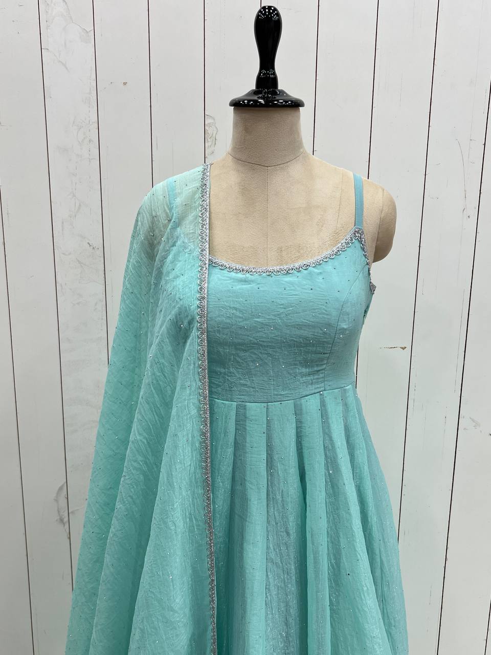 Beautiful Siroski Work Sky Green Color Arti Chauhan's Anarkali Gown