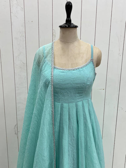 Beautiful Siroski Work Sky Green Color Arti Chauhan's Anarkali Gown