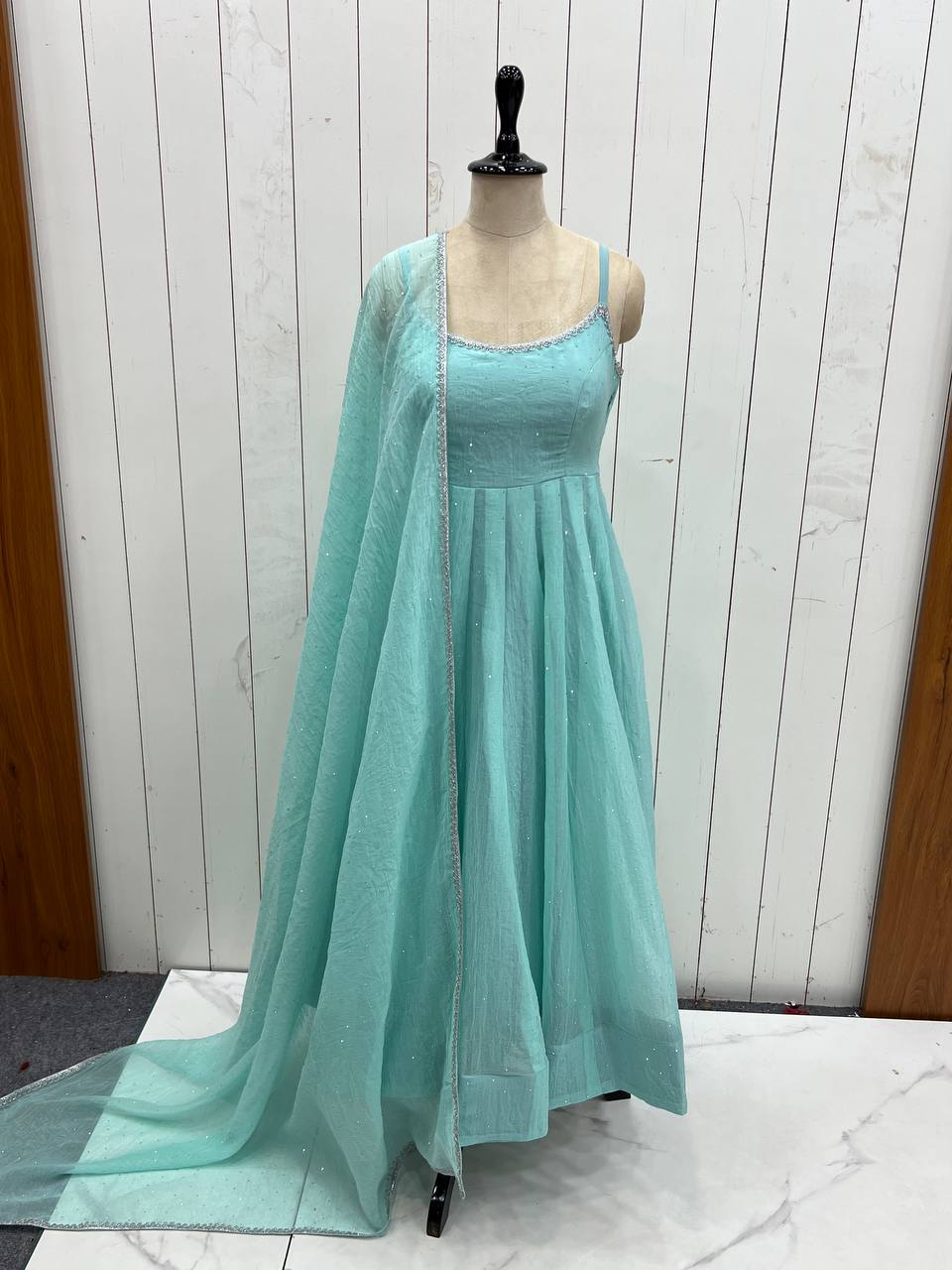 Beautiful Siroski Work Sky Green Color Arti Chauhan's Anarkali Gown