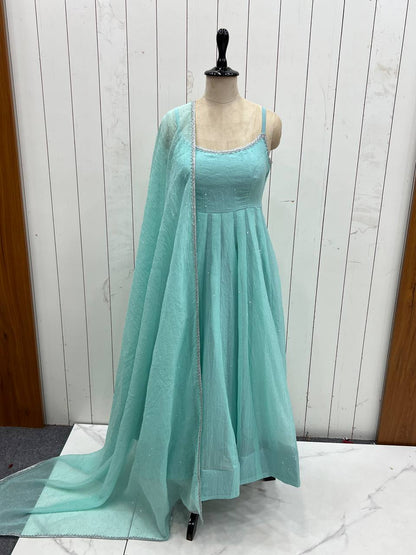 Beautiful Siroski Work Sky Green Color Arti Chauhan's Anarkali Gown