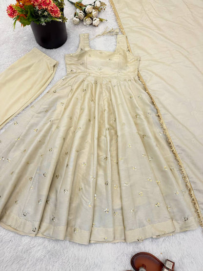 Innovative Beige Color Embroidered Anarkali Gown