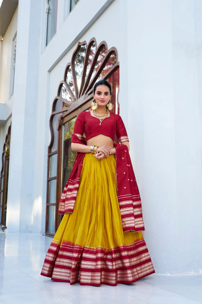 Occasion Wear Mustard Color Pure Chanderi Plain With Zari Weaving Work Border Lehenga Choli