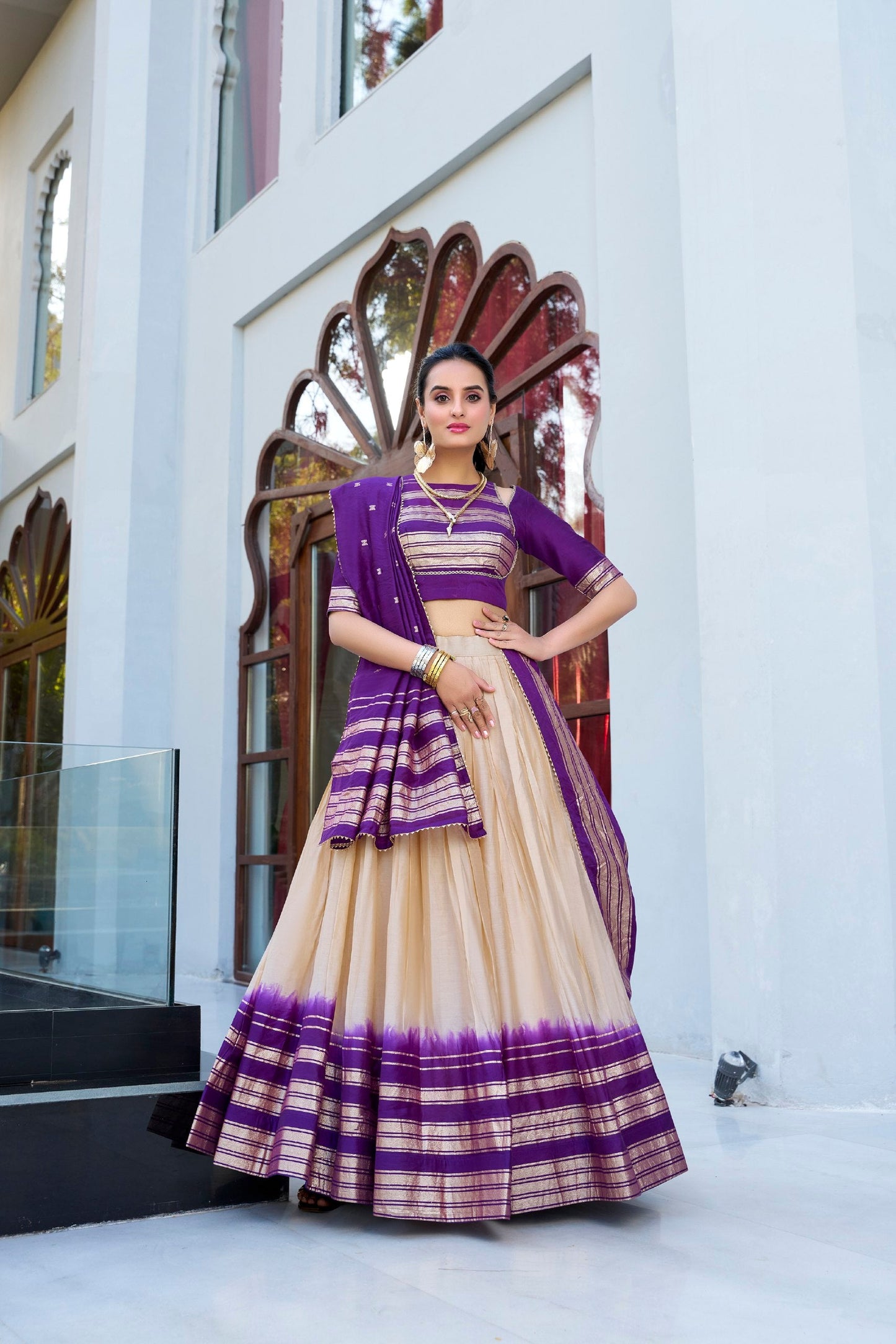 Occasion Wear Purple Color Pure Chanderi Plain With Zari Weaving Work Border Lehenga Choli