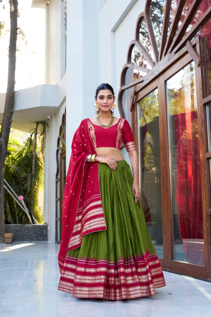 Occasion Wear Green Color Pure Chanderi Plain With Zari Weaving Work Border Lehenga Choli