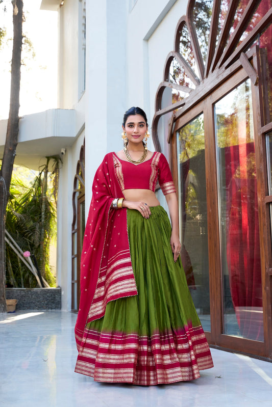 Occasion Wear Green Color Pure Chanderi Plain With Zari Weaving Work Border Lehenga Choli