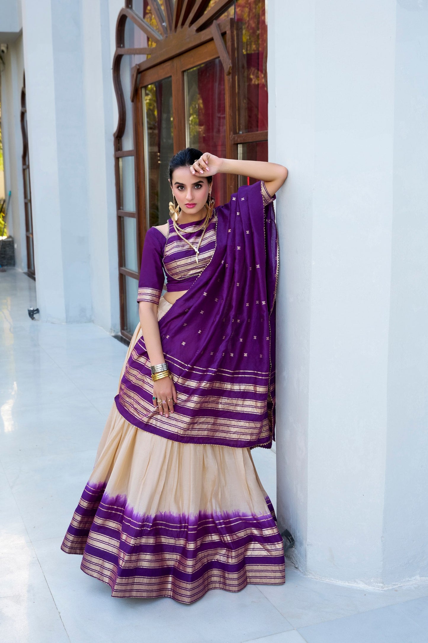 Occasion Wear Purple Color Pure Chanderi Plain With Zari Weaving Work Border Lehenga Choli