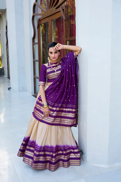 Occasion Wear Purple Color Pure Chanderi Plain With Zari Weaving Work Border Lehenga Choli