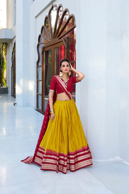 Occasion Wear Mustard Color Pure Chanderi Plain With Zari Weaving Work Border Lehenga Choli