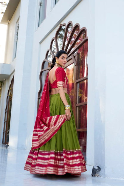 Occasion Wear Green Color Pure Chanderi Plain With Zari Weaving Work Border Lehenga Choli