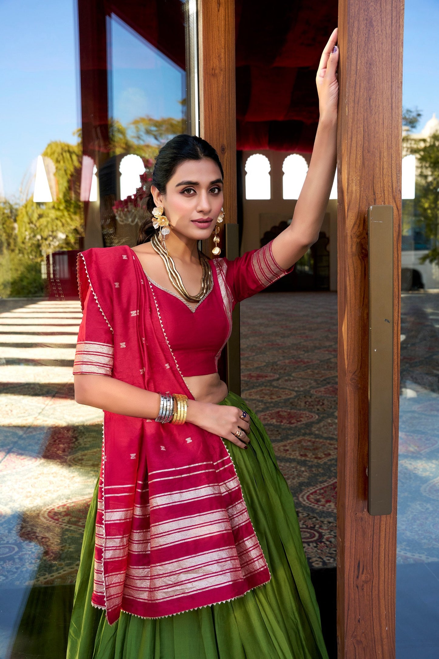 Occasion Wear Green Color Pure Chanderi Plain With Zari Weaving Work Border Lehenga Choli