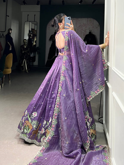 Classic Lavender Color Gold Crush With Sequins And Thread Embroidery Work Lehenga Choli