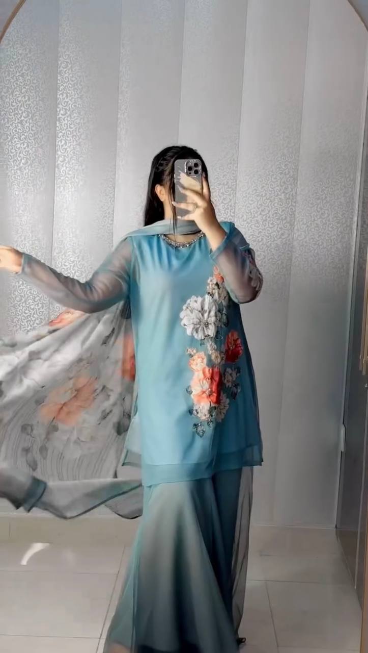 Part Wear Digital Print And Real Khatali Handwork Palazzo Suit