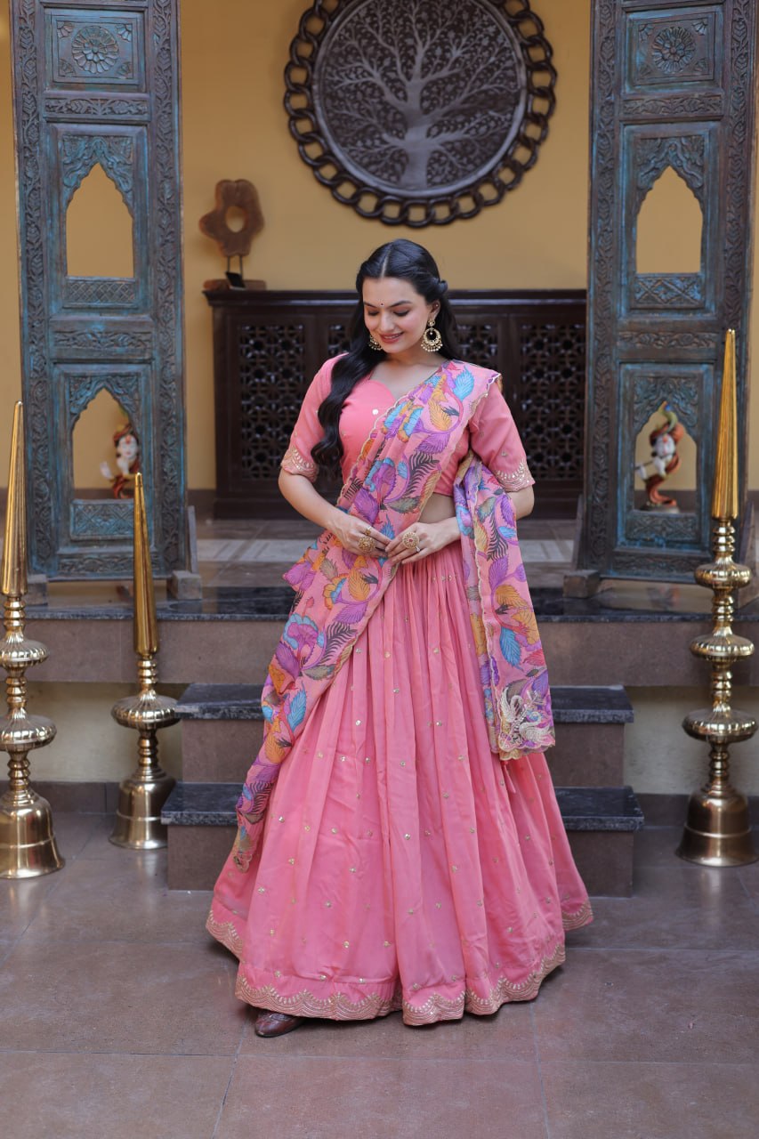 Beautiful Pink Color Zari Sequence Embroidered Lehenga Choli