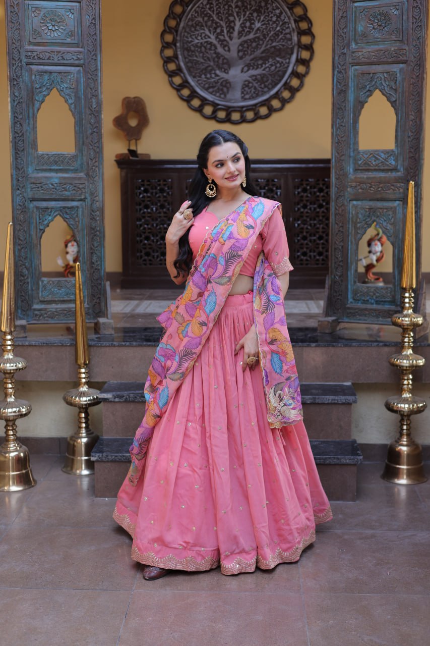 Beautiful Pink Color Zari Sequence Embroidered Lehenga Choli